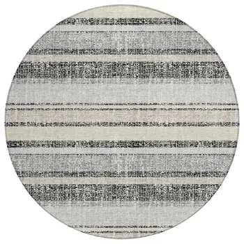 8' Black And Silver Round Striped Washable Indoor Outdoor Area Rug