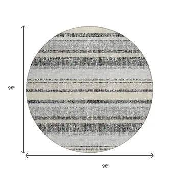 8' Black And Silver Round Striped Washable Indoor Outdoor Area Rug