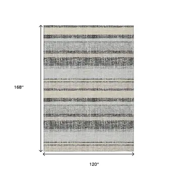 10' X 14' Black And Silver Striped Washable Indoor Outdoor Area Rug