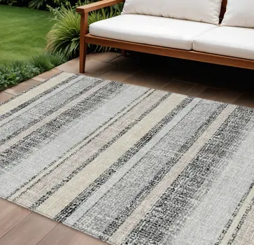 10' X 14' Black And Silver Striped Washable Indoor Outdoor Area Rug