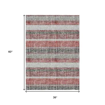 3' X 5' Burgundy And Silver Striped Washable Indoor Outdoor Area Rug