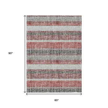 5' X 8' Burgundy And Silver Striped Washable Indoor Outdoor Area Rug