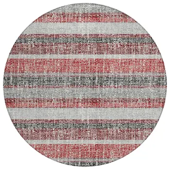 8' Burgundy And Silver Round Striped Washable Indoor Outdoor Area Rug
