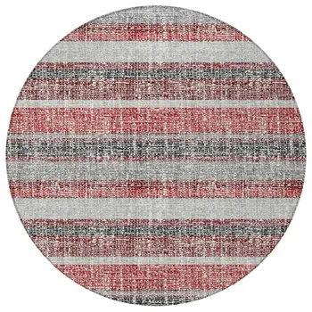 8' Burgundy And Silver Round Striped Washable Indoor Outdoor Area Rug