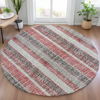 8' Burgundy And Silver Round Striped Washable Indoor Outdoor Area Rug
