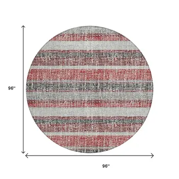 8' Burgundy And Silver Round Striped Washable Indoor Outdoor Area Rug