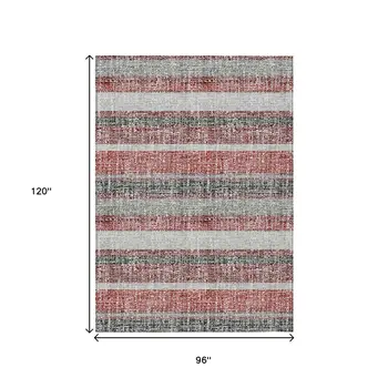 8' X 10' Burgundy And Silver Striped Washable Indoor Outdoor Area Rug