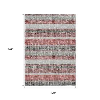9' X 12' Burgundy And Silver Striped Washable Indoor Outdoor Area Rug
