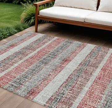 9' X 12' Burgundy And Silver Striped Washable Indoor Outdoor Area Rug