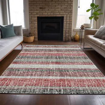 10' X 14' Burgundy And Silver Striped Washable Indoor Outdoor Area Rug