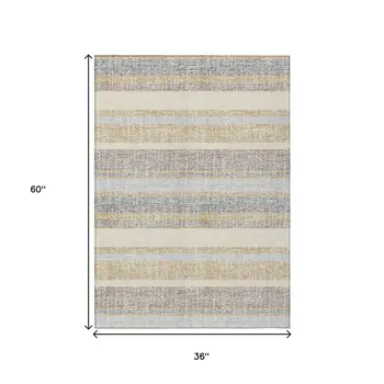 3' X 5' Gold And Silver Striped Washable Indoor Outdoor Area Rug