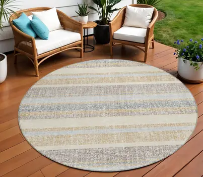 8' Gold And Silver Round Striped Washable Indoor Outdoor Area Rug