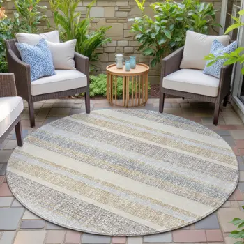 8' Gold And Silver Round Striped Washable Indoor Outdoor Area Rug