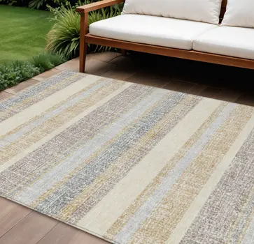 9' X 12' Gold And Silver Striped Washable Indoor Outdoor Area Rug