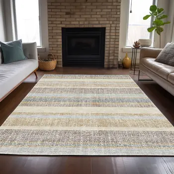 9' X 12' Gold And Silver Striped Washable Indoor Outdoor Area Rug