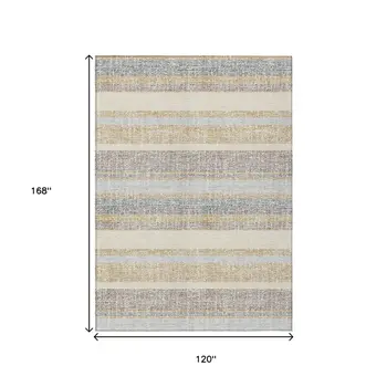 10' X 14' Gold And Silver Striped Washable Indoor Outdoor Area Rug