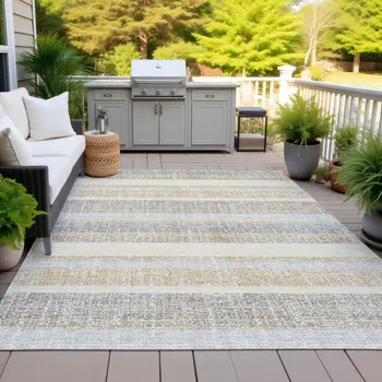 10' X 14' Gold And Silver Striped Washable Indoor Outdoor Area Rug