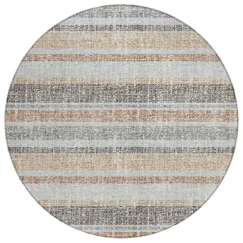 8' Gray And Silver Round Striped Washable Indoor Outdoor Area Rug