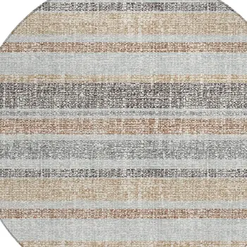 8' Gray And Silver Round Striped Washable Indoor Outdoor Area Rug