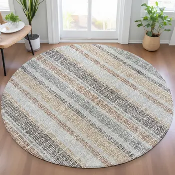8' Gray And Silver Round Striped Washable Indoor Outdoor Area Rug