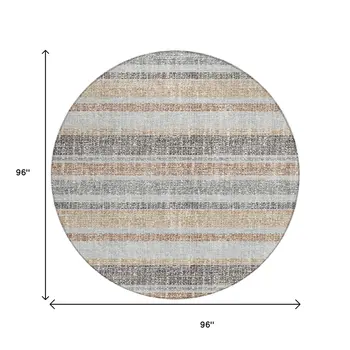 8' Gray And Silver Round Striped Washable Indoor Outdoor Area Rug