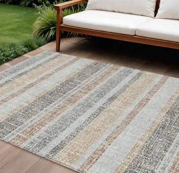 9' X 12' Gray And Silver Striped Washable Indoor Outdoor Area Rug