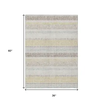 3' X 5' Ivory And Beige Striped Washable Indoor Outdoor Area Rug