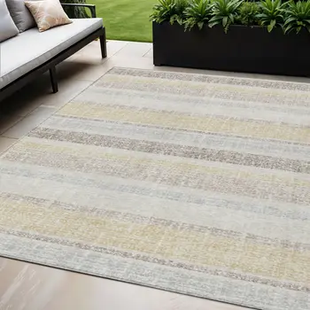 5' X 8' Ivory And Beige Striped Washable Indoor Outdoor Area Rug