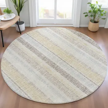 8' Ivory And Beige Round Striped Washable Indoor Outdoor Area Rug