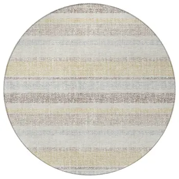 8' Ivory And Beige Round Striped Washable Indoor Outdoor Area Rug
