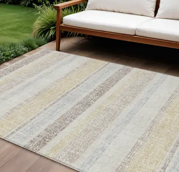 10' X 14' Ivory And Beige Striped Washable Indoor Outdoor Area Rug