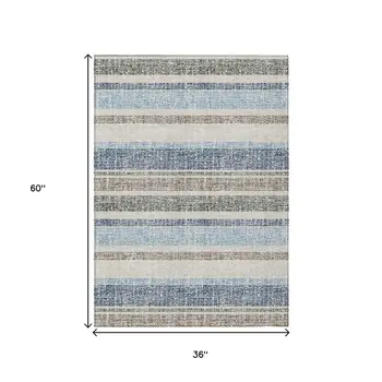 3' X 5' Navy Blue And Beige Striped Washable Indoor Outdoor Area Rug