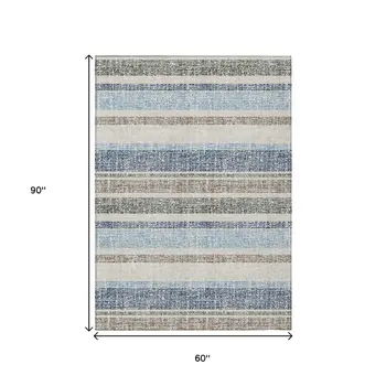 5' X 8' Navy Blue And Beige Striped Washable Indoor Outdoor Area Rug