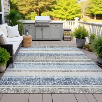 5' X 8' Navy Blue And Beige Striped Washable Indoor Outdoor Area Rug