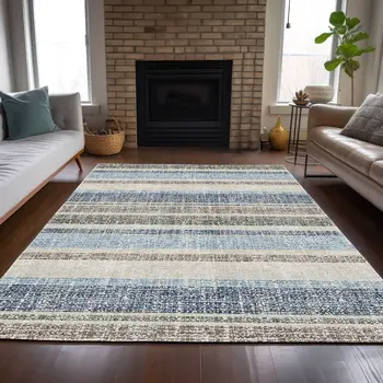 5' X 8' Navy Blue And Beige Striped Washable Indoor Outdoor Area Rug