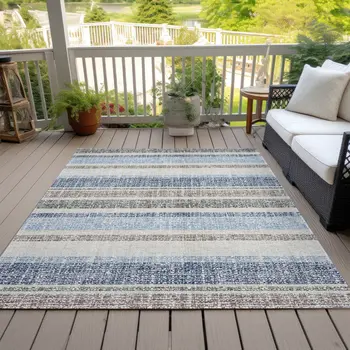 5' X 8' Navy Blue And Beige Striped Washable Indoor Outdoor Area Rug