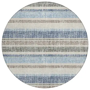 8' Navy Blue And Beige Round Striped Washable Indoor Outdoor Area Rug