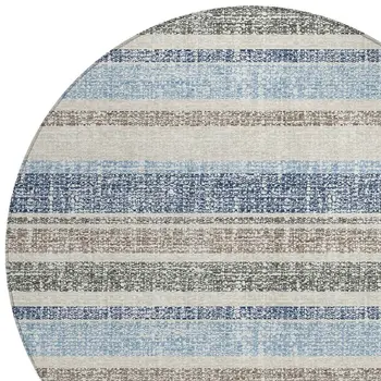 8' Navy Blue And Beige Round Striped Washable Indoor Outdoor Area Rug