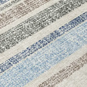 8' Navy Blue And Beige Round Striped Washable Indoor Outdoor Area Rug