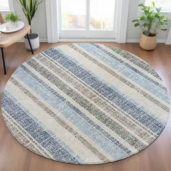 8' Navy Blue And Beige Round Striped Washable Indoor Outdoor Area Rug