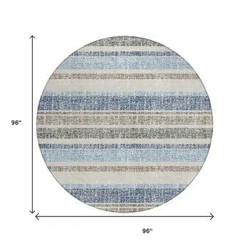 8' Navy Blue And Beige Round Striped Washable Indoor Outdoor Area Rug