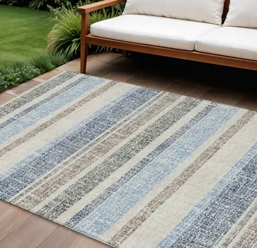 8' X 10' Navy Blue And Beige Striped Washable Indoor Outdoor Area Rug