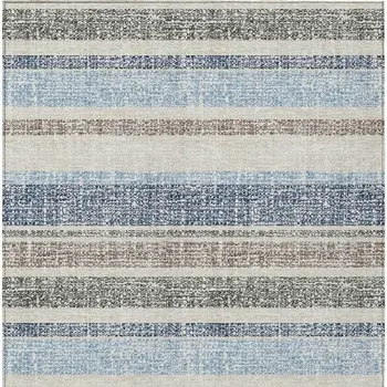 8' X 10' Navy Blue And Beige Striped Washable Indoor Outdoor Area Rug