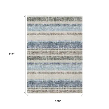 9' X 12' Navy Blue And Beige Striped Washable Indoor Outdoor Area Rug