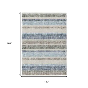 10' X 14' Navy Blue And Beige Striped Washable Indoor Outdoor Area Rug