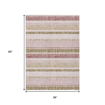 3' X 5' Pink And Beige Striped Washable Indoor Outdoor Area Rug