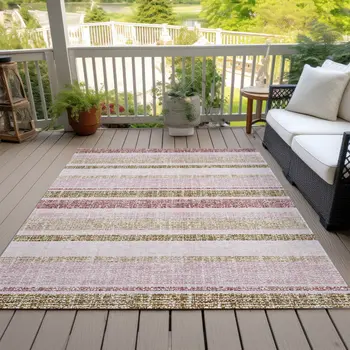 5' X 8' Pink And Beige Striped Washable Indoor Outdoor Area Rug