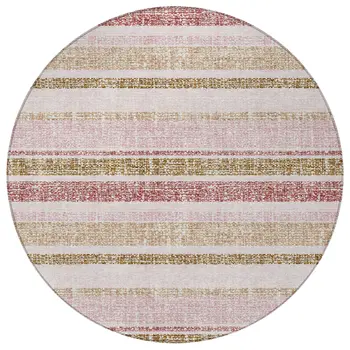 8' Pink And Beige Round Striped Washable Indoor Outdoor Area Rug