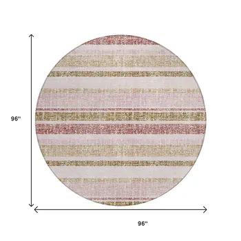 8' Pink And Beige Round Striped Washable Indoor Outdoor Area Rug