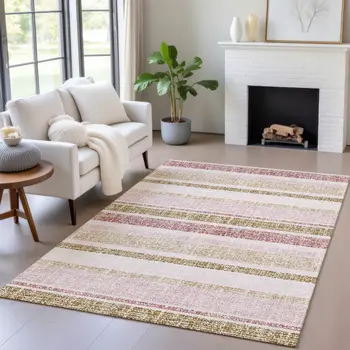 8' X 10' Pink And Beige Striped Washable Indoor Outdoor Area Rug